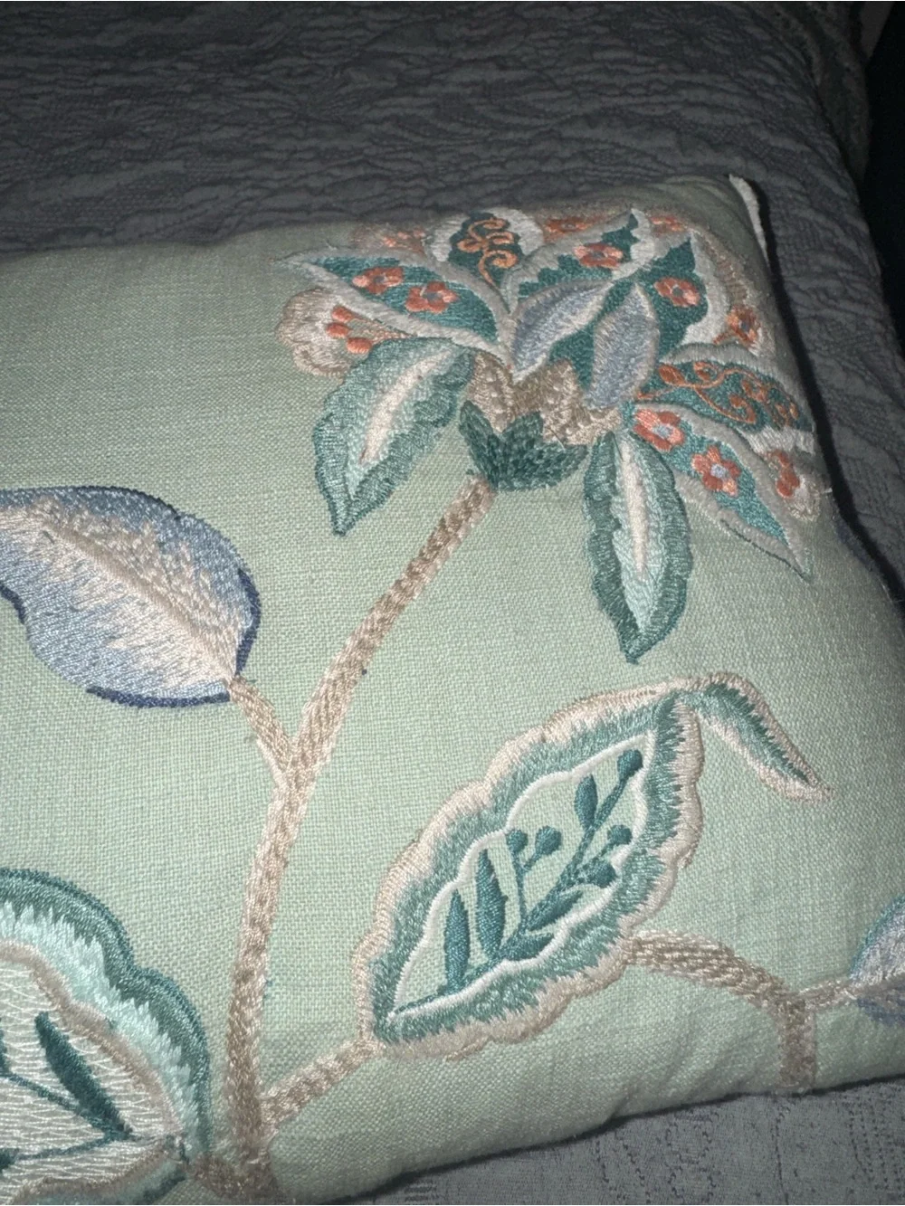 Pier 1 Embroidered Floral Accent Pillow in Mint and Orange